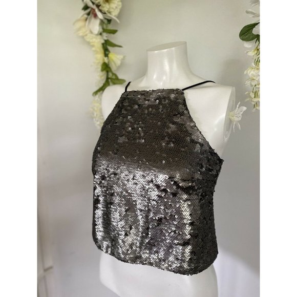 Vintage Sugar Lips Sequin Cropped‎ Camisole Cami Tank Top Gray Womens Size Small - Picture 11 of 12
